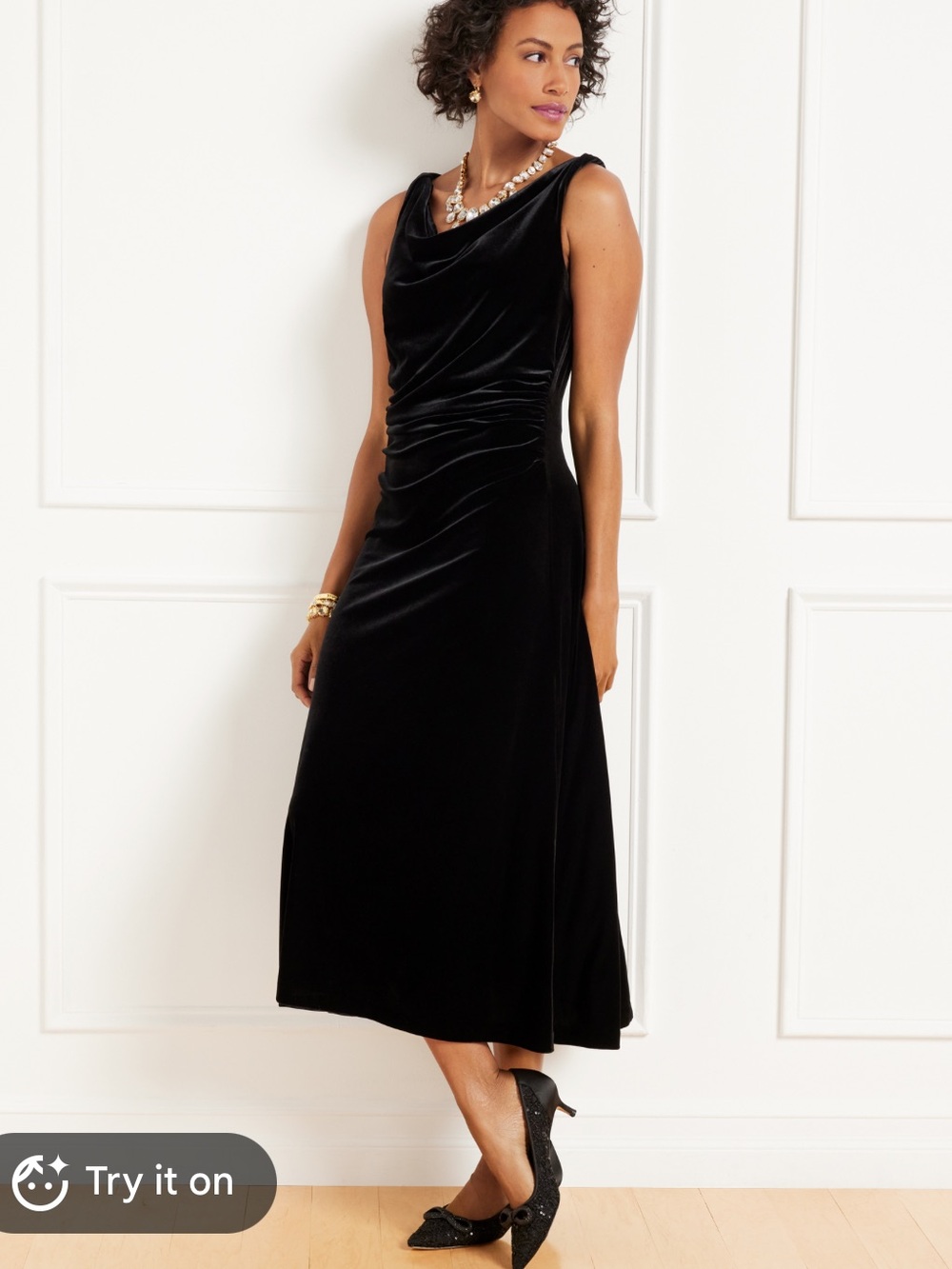 Talbots Black Velvet Draped Midi Dress | 8